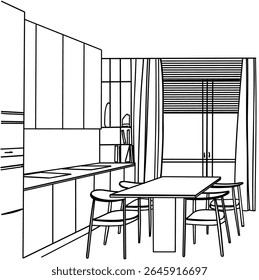 kitchen line drawing,a line drawing Using interior architecture, assembling graphics, working in architecture, and interior design, among other things.,house interior or interior design