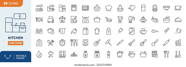 Kitchen Line Editable Icons set. Contains such Icons as Pot, pan and kitchen utensils and more