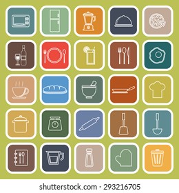Kitchen line flat icons on green background, stock vector
