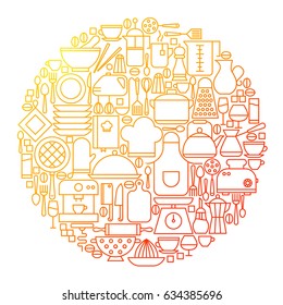 Kitchen Line Icon Circle Design. Vector Illustration of Kitchenware and Appliances.