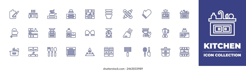 Kitchen line icon collection. Editable stroke. Vector illustration. Containing mitten, kitchen, kitchen cabinet, bowls, pot, cutlery, grill, oven, kitchen robot, stove, multicooker, pan, knives.