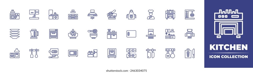 Kitchen line icon collection. Editable stroke. Vector illustration. Containing kitchen, apron, cabinets, range, chef, extractor, kitchen utensils, cooking, oven, kitchen board, knife, plates, whisk.