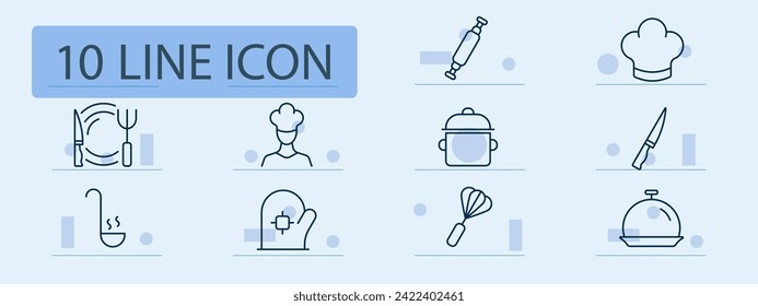 Kitchen line icon. Culinary mastery, professional cooking, chef's kitchen, gourmet cuisine. Pastel color background. Vector line icon for business and advertising