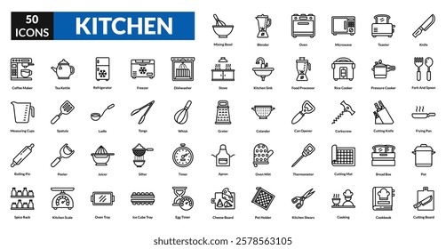 kitchen line icon set collection. Knife, Fork and Spoon, Frying Pan, Pot, Cutting Board, Mixing Bowl, Blender, Oven, Microwave, Toaster, Coffee Maker