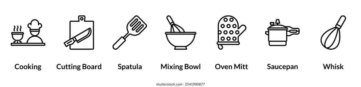 Kitchen line icon set. cooking, cutting board, spatula, mixing bowl, oven mitt, saucepan, whisk