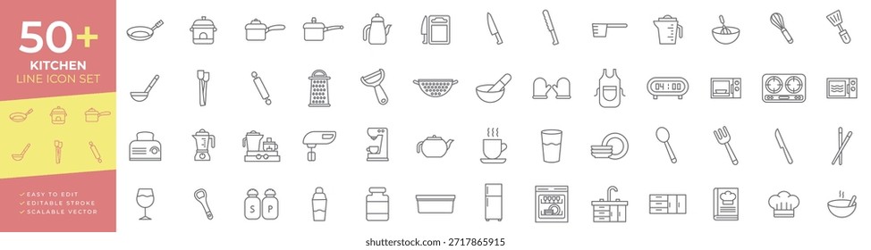 Küchenzeilen-Icon-Set für Kochen, Backen, Lebensmittelzubereitung, Geräte, Utensilien, Besteck, Glaswaren und Küchenessentials, perfekt für Rezepte, Restaurantmenüs und Home-Decor-Websites.