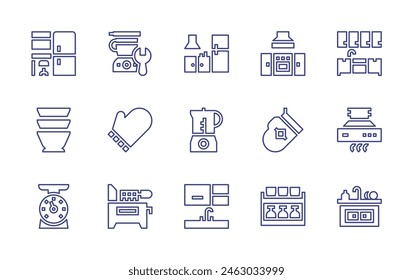 Kitchen line icon set. Editable stroke. Vector illustration. Containing kitchen, range, bowls, shelves, mitten, kitchen robot, scale, sink, glove, beater, fryer.