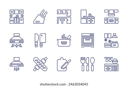 Kitchen line icon set. Editable stroke. Vector illustration. Containing kitchen, pot, extractor, cutlery, oven, knives, kitchen hood, knife, cutting board, rolling pin.