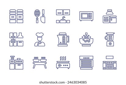 Kitchen line icon set. Editable stroke. Vector illustration. Containing kitchen, dining table, chef, blender, oven, cooking, kitchen utensil, microwave, electric kettle, spices, mixing.