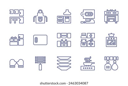 Kitchen line icon set. Editable stroke. Vector illustration. Containing kitchen, mitten, apron, utensils, grill, kitchen furniture, board, plates, pan, cutting board.