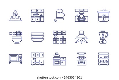 Conjunto de iconos de línea de cocina. Trazo editable. Ilustración vectorial. Conteniendo gabinetes, campana extractora, cocina, manopla, placa, estufa, multicooker, horno de microondas, soporte, muebles de cocina, robot, batidor.