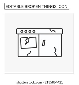 Kitchen Line Icon. Smashed Kitchen Furniture. Destroyed Oven For Cooking.Vandalism, Chaos. Broken Things Concept. Isolated Vector Illustration. Editable Stroke