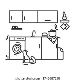 Kitchen line icon.Pictogram of kitchen room with countertop surface for food cooking,sink and cooker. Home interior and household concept.Kitchenware furniture.line vector illustration.Editable stroke