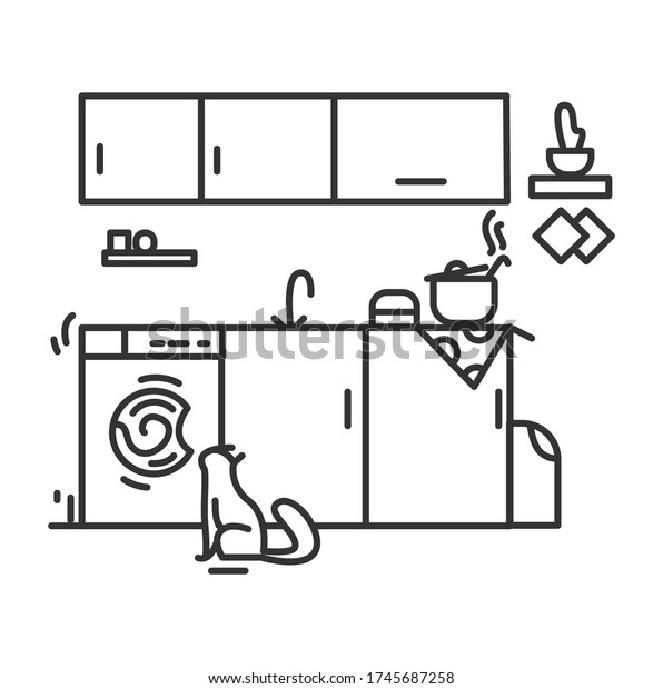 キッチンラインのアイコン 食べ物の調理 シンク 調理器のカウンタートップ面を持つキッチンルームの絵文字 家庭の内部と家庭のコンセプト 台所用品 線のベクターイラスト 編集可能なストローク のベクター画像素材 ロイヤリティフリー