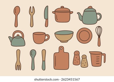 Kitchen Line Icons – Boho Style Cooking Vector Set