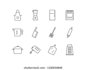 Kitchen line icons set with apron, blender, refrigerator, stove, measuring cup, axe, spatula, rolling pin, pan, mixer, cutting board, grater.