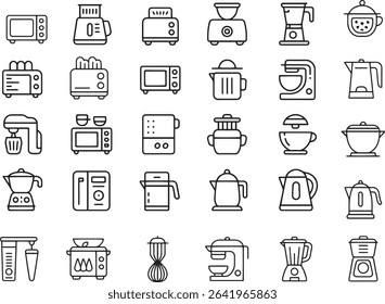 Kitchen Line Icons Set. Cooking, Utensils, Appliances, Food Preparation. Editable Stroke. Vector Illustration	