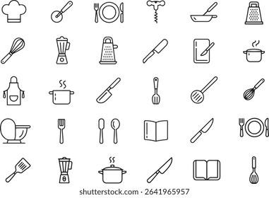 Kitchen Line Icons Set. Cooking, Utensils, Appliances, Food Preparation. Editable Stroke. Vector Illustration	