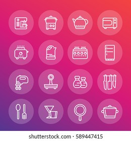 kitchen line icons set, cooking related objects, utensils, tableware, tools, flatware, cookware, pan, kettle, knives