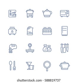 kitchen line icons set isolated over white, cooking related objects, utensils, tableware, tools, flatware, cookware, pan, kettle