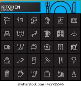 Kitchen line icons set, outline vector symbol collection, linear pictogram pack isolated on black, logo illustration