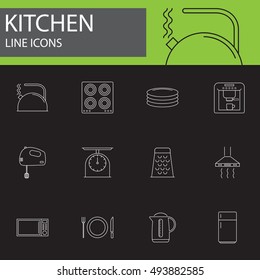 Kitchen line icons set, outline vector symbol collection, linear pictogram pack isolated on black, logo illustration