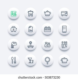 kitchen line icons set, utensils, tableware, cookware, pan, kettle, knives, cooking tools
