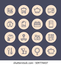 kitchen line icons set, utensils, pan, kettle, knives, cooking related objects