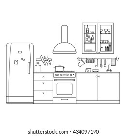 Kitchen line interior with furniture and equipment. Vector thin illustration.