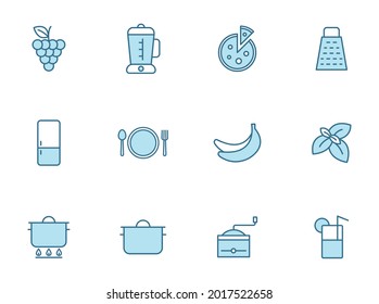 kitchen line vector icons in two colors isolated on white background. kitchen blue outline icon set for web design, ui, mobile apps and print