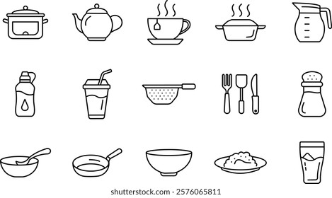 "Kitchen Linear Icon Set: Furniture and Essential Tools"