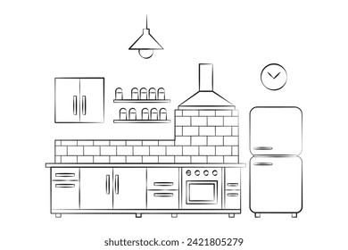The kitchen is in a linear style. For coloring. Tiles on the wall, refrigerator and kitchen cabinets