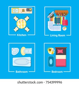 Kitchen and living room, bathroom and bedroom set of table and stove, armchair and sofa, tv set and carpet, bathtub and sink, vector illustration