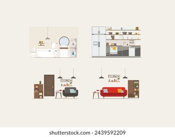 Küche, Wohnzimmer und Bad mit Ausstattung und Möbeln, flache Vektor-Illustration 