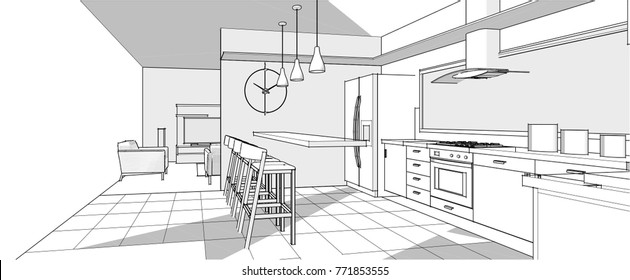 kitchen, living room, interior, sketch, 3d illustration