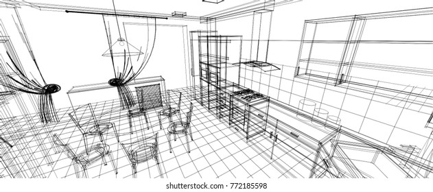 kitchen, living room, interior, sketch, 3d illustration
