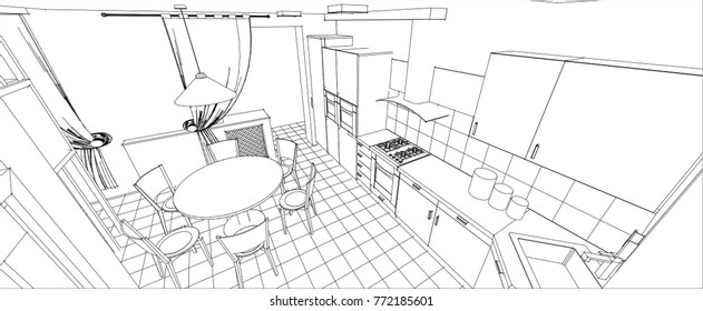 kitchen, living room, interior, sketch, 3d illustration