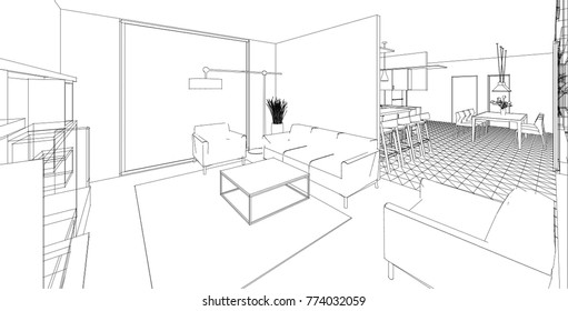 kitchen, living room, interior, sketch, 3d illustration