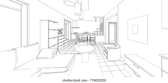 kitchen and living room interior, sketch, 3d illustration