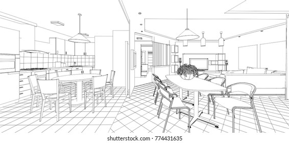 Kitchen Living Room Interior Sketch 3d Stock Vector (Royalty Free ...