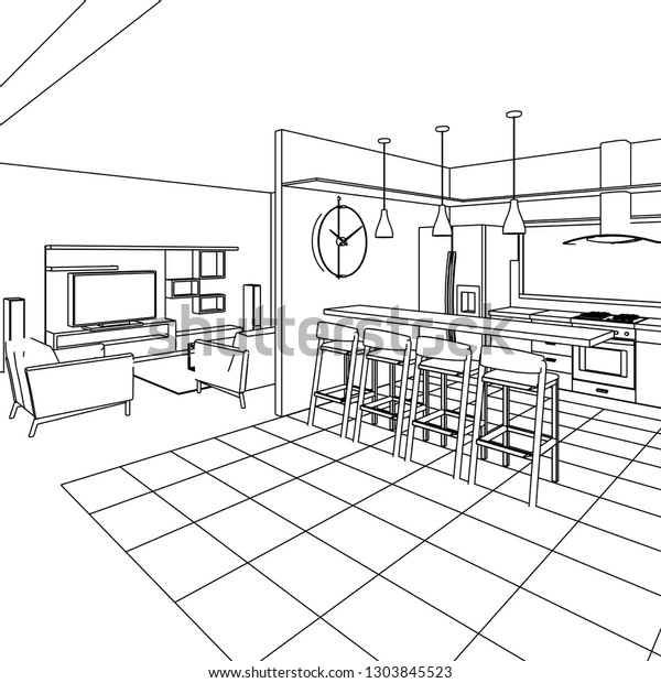 Kitchen Living Room Interior Sketch 3d Stock Vector Royalty Free