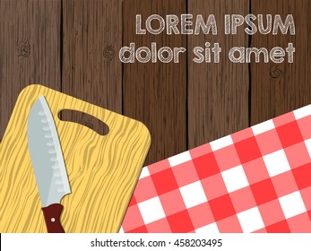 Kitchen logo blank, knife on cutting board on the wooden table with tablecloth