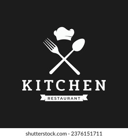 Kitchen logo with chef's hat and creative cooking utensils. Logo for restaurant, chef, business.