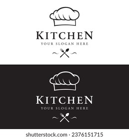 Kitchen logo with chef's hat and creative cooking utensils. Logo for restaurant, chef, business.