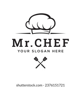 Kitchen logo with chef's hat and creative cooking utensils. Logo for restaurant, chef, business.