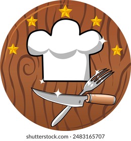 Kitchen logo in circle on the background of wooden cutting board chefs hat knife and fork. Banner or logo for a website restaurant cafe or channel. The theme of fast food cooking and culinary arts