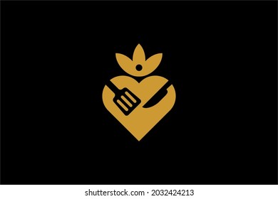 Kitchen logo design vector. Food business abstract symbol. Spoon, fork, knife illustration logo. Love and leaf vector icons. 