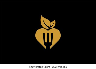 Kitchen logo design vector. Food business abstract symbol. Spoon, fork, knife illustration logo. Love and leaf vector icons. 