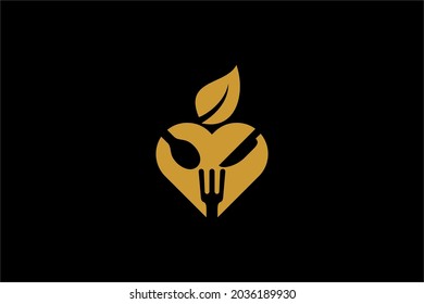 Kitchen logo design vector. Food business abstract symbol. Spoon, fork, knife illustration logo. Love and leaf vector icons. 