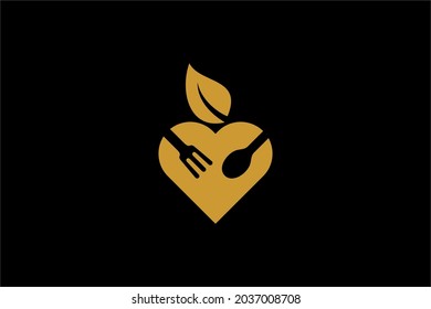 Kitchen logo design vector. Food business abstract symbol. Spoon, fork, knife illustration logo. Love and leaf vector icons. 